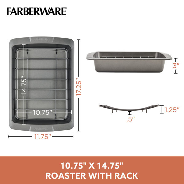 Farberware Bakeware Nonstick Roaster / Roasting Pan With URack, 14.75 Inch X 10.75 Inch, Gray